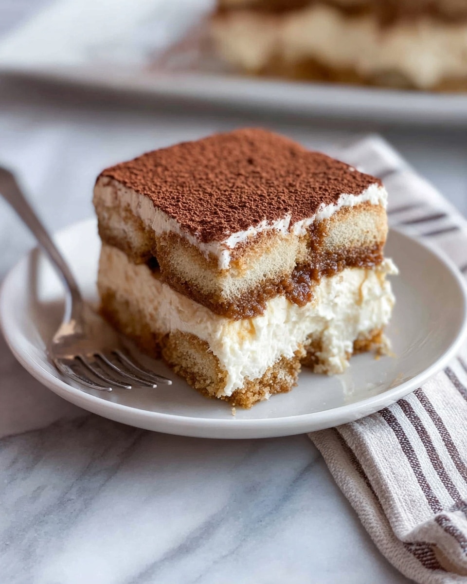 A square slice of tiramisu sits on a simple white plate, showing three distinct layers: at the bottom is a light brown, moist layer of soaked ladyfingers, followed by a thick, creamy off-white mascarpone layer in the middle, topped with another layer of soaked ladyfingers, and finished with a smooth, thick mascarpone layer dusted with fine cocoa powder on top. The plate is placed on a white marbled surface, with a silver fork nearby and a folded, light-colored cloth with thin dark stripes partially visible to the side. The background is softly blurred, focusing on the detailed textures and colors of the dessert. photo taken with an iphone --ar 4:5 --v 7