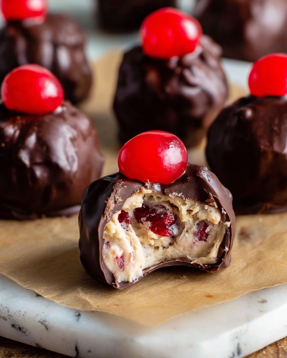 The image shows small chocolate-covered balls on white parchment paper over a wooden board with a white marbled texture background. Each chocolate ball has a shiny dark brown coating and is topped with a bright red cherry or cherry piece. One ball in the front has a bite taken out, revealing a creamy white filling mixed with small red bits inside. In the background, there is a small white bowl filled with glossy red cherries and a blurred bottle with a light beige label. The whole scene has a soft and cozy look. photo taken with an iphone --ar 4:5 --v 7