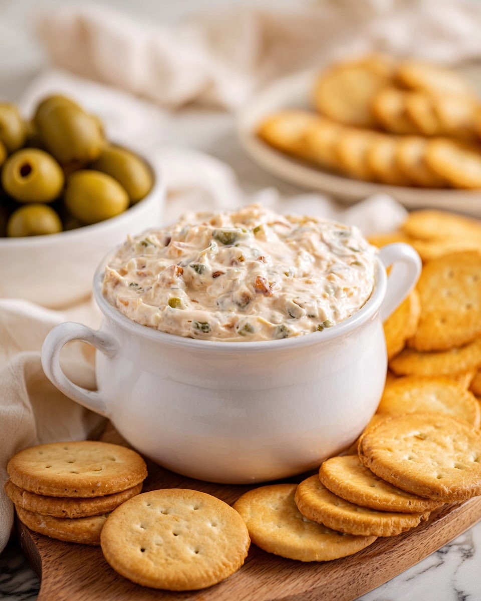 A white ceramic cup filled with a chunky, creamy dip that is light beige with small green and brown bits, sitting on a wooden surface with a soft white cloth nearby. Surrounding the cup are round golden crackers, neatly arranged in small stacks. In the background, a white bowl holds green olives, slightly out of focus. The scene is softly lit, with a white marbled texture underneath the setup. photo taken with an iphone --ar 4:5 --v 7