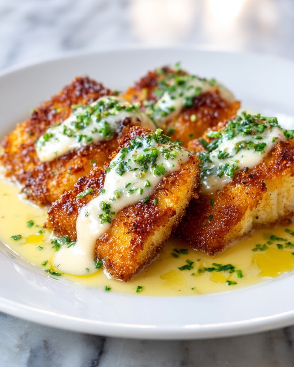 The image shows four pieces of golden brown, crispy baked fish fillets arranged on a white plate, each topped with a dollop of creamy white sauce that slightly drips down the sides. The fish fillets have a crunchy, textured crust with visible small browned bits, and are sprinkled with finely chopped green herbs for a fresh look. A light yellow buttery sauce pools around the base of the fillets, adding a glossy shine. The background is softly blurred on a white marbled surface, highlighting the rich colors and textures of the dish. photo taken with an iphone --ar 4:5 --v 7