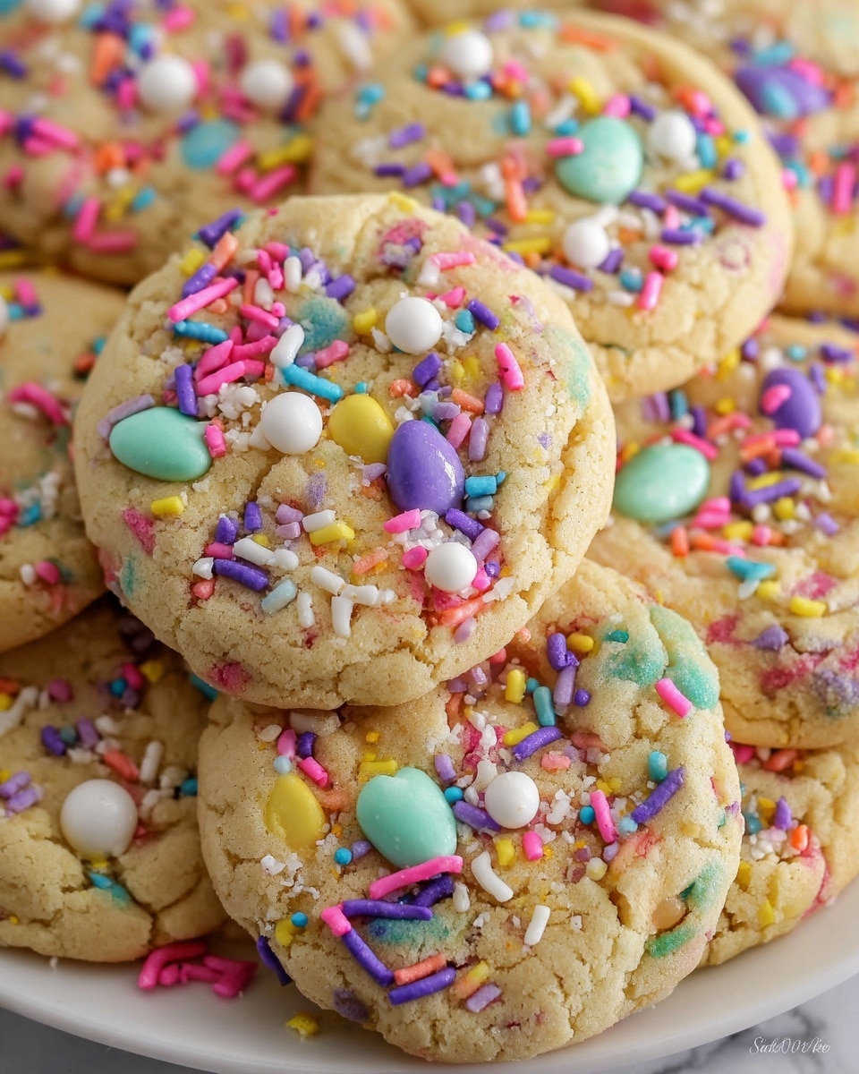 A close-up of several soft, light beige cookies with a slightly cracked texture, each covered generously with colorful sprinkles of different shapes and sizes including small rods, round dots, and tiny balls. The sprinkles are bright colors like pink, purple, yellow, white, blue, green, and orange, scattered unevenly over the top. Some cookies have small pastel-colored candy pieces embedded, in shades of pale green, blue, yellow, and pink. The cookies are stacked on a white plate placed on a white marbled surface. photo taken with an iphone --ar 4:5 --v 7