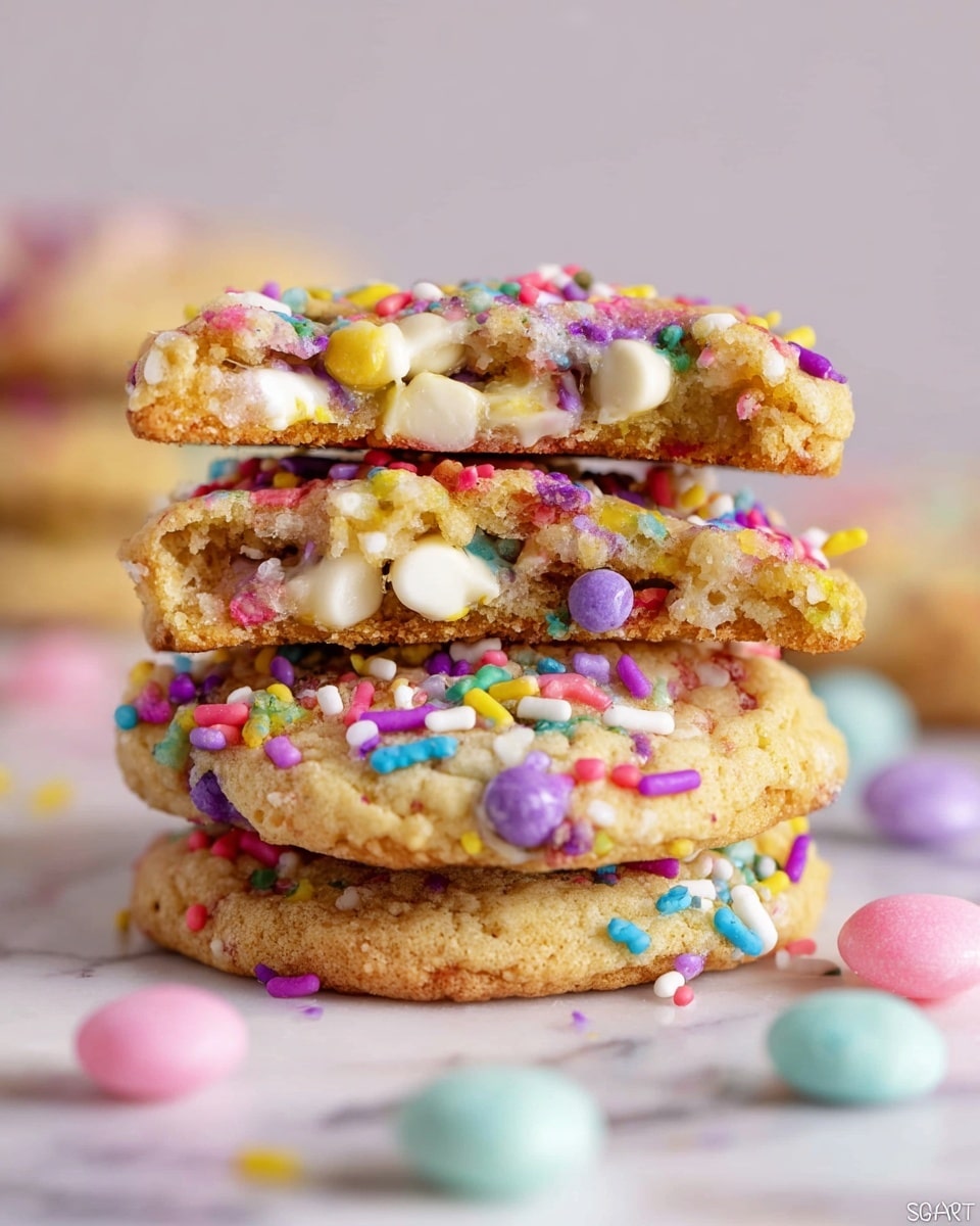 A close-up of a stack of four colorful cookies on a white marbled surface. Each cookie is golden brown with a soft texture, filled with white chocolate chips and multicolored round candies embedded inside. The top cookie is broken in half, showing a gooey white chocolate center. The outside of the cookies is decorated with bright sprinkles in pink, purple, yellow, blue, and white colors scattered generously. Around the stack, a few pastel-colored round candies are scattered on the surface, adding more color contrast. The photo taken with an iphone --ar 4:5 --v 7