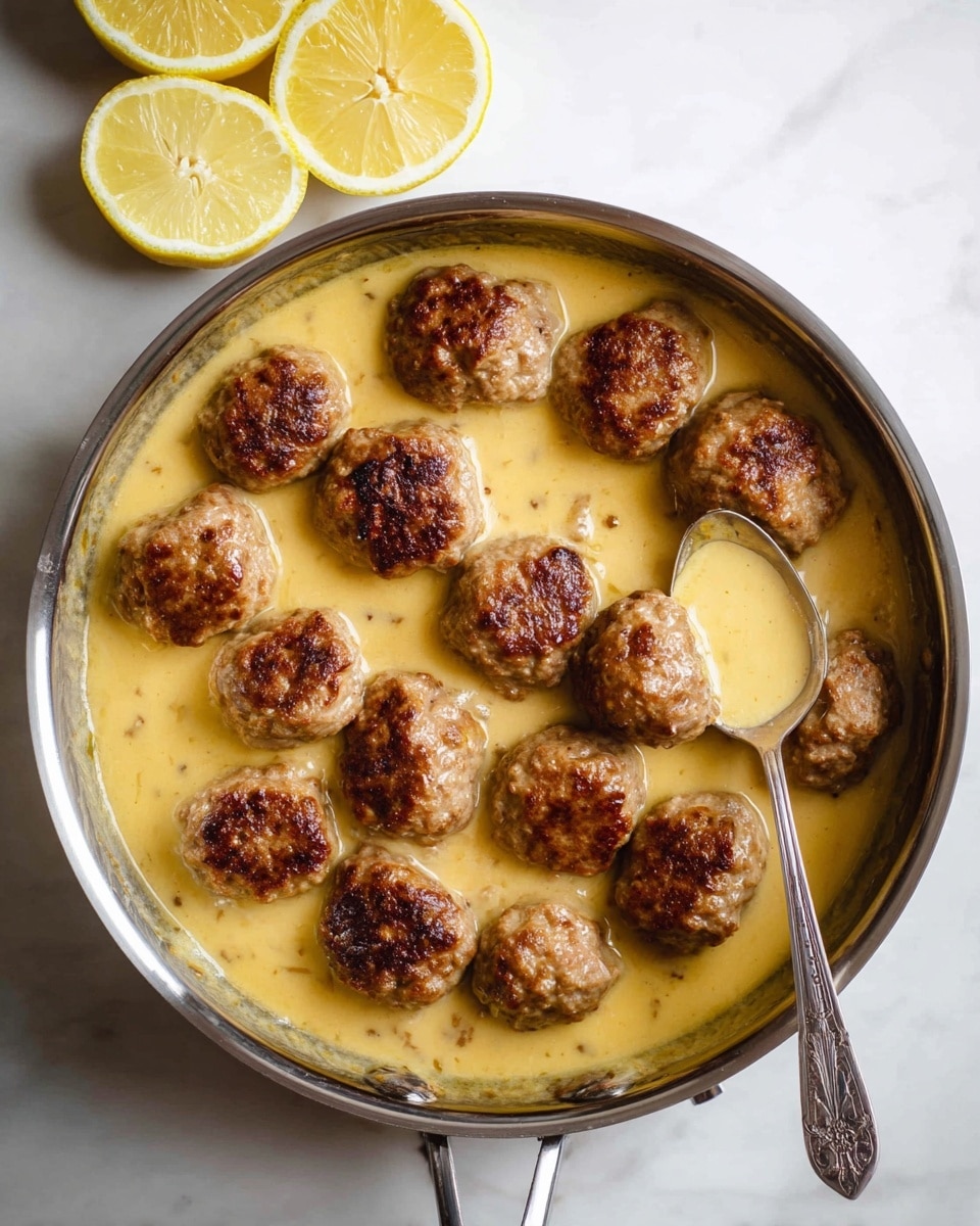 In a round silver pan filled with a light yellow, smooth sauce, there are about fifteen browned meatballs with a slightly crispy texture on top, arranged closely but not stacked. To the left side of the pan, there are three half-squeezed lemon halves sitting on a white marbled surface. A silver spoon is partially submerged in the sauce on the right side of the pan. The overall setting is bright with natural lighting. Photo taken with an iphone --ar 4:5 --v 7