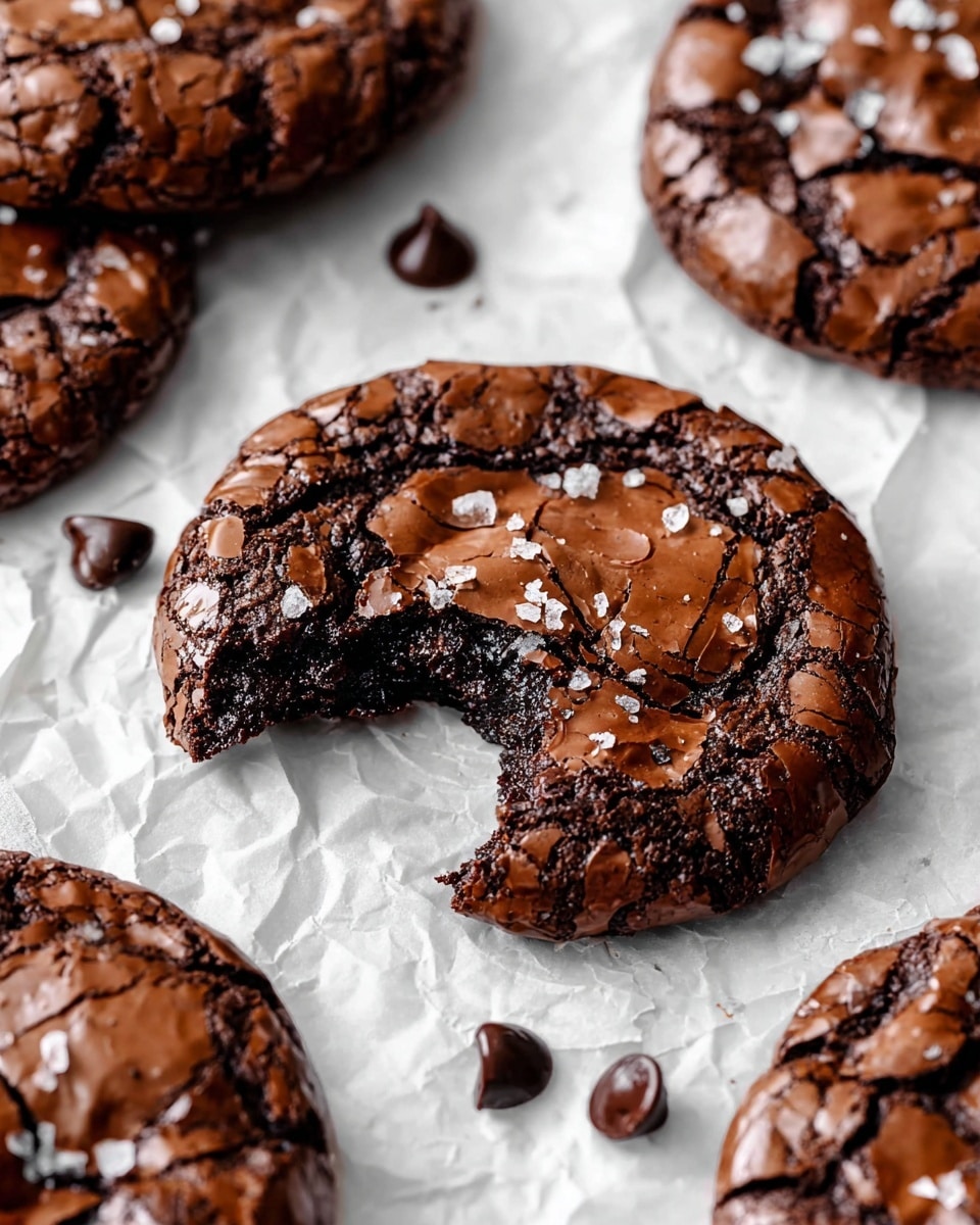 The image shows a close-up view of large, round chocolate cookies with a cracked, shiny dark brown surface sprinkled lightly with coarse sea salt. The center cookie has a bite taken out, revealing a soft and gooey dark chocolate interior. The cookies are placed on crumpled white paper over a white marbled surface. Scattered around the cookies are a few pieces of milk chocolate chips, adding small round shapes with a smooth texture. The overall look is rich, indulgent, and textured with contrasts between the crisp outer layer and the moist inner layer. Photo taken with an iphone --ar 4:5 --v 7