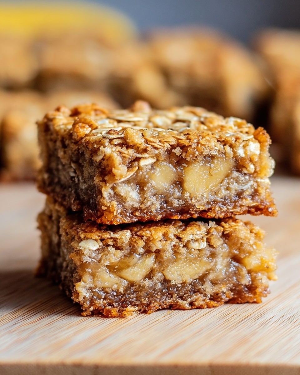 Two square oatmeal banana bars are stacked on top of each other, placed on a light wood surface. Each bar has two layers: the bottom layer is a golden-brown baked crust with a slightly crisp texture, while the top layer is a moist mix of mashed bananas and oats with visible banana chunks and a chewy texture. The bars have a warm, golden color with small oat flakes scattered on top, showing a rough and crumbly surface. The background is softly blurred with more bars out of focus. Photo taken with an iphone --ar 4:5 --v 7
