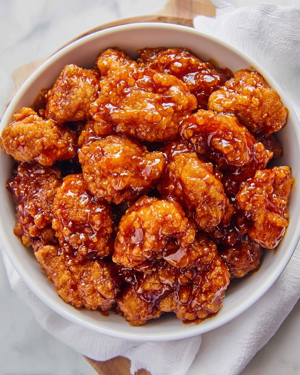 A white bowl filled with many pieces of crispy fried chicken coated in a shiny, sticky, reddish-brown glaze. Each piece shows a rough, crunchy texture under the glossy sauce that looks thick and sweet. The bowl sits on a white marbled surface with a soft white cloth slightly visible behind it. photo taken with an iphone --ar 4:5 --v 7