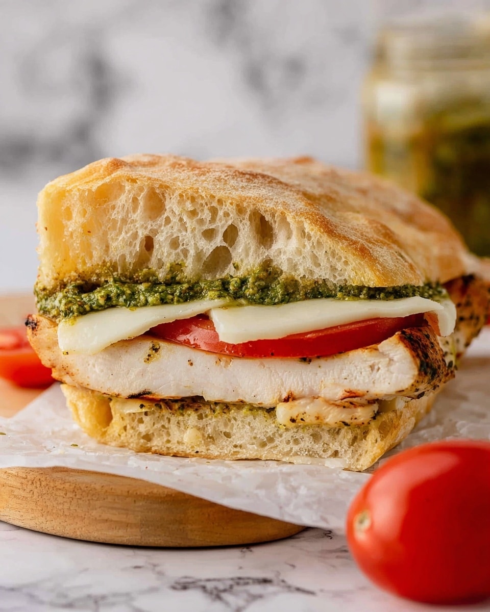 The image shows a sandwich with four main layers on a white ciabatta bread. The bottom layer is a thick piece of cooked chicken breast with a slightly browned edge and moist texture. Above the chicken is a bright red tomato slice, cut thick and juicy. Next is a layer of white mozzarella cheese that looks soft and fresh. On top of the cheese, there is a spread of green pesto sauce with a smooth, slightly oily texture. The top half of the ciabatta bread, golden brown and airy inside, finishes the sandwich. The sandwich is placed on white parchment paper over a wooden board, with a bright red grape tomato in the foreground and a jar of sauce blurred in the background, all set against a white marbled texture. The photo taken with an iphone --ar 4:5 --v 7