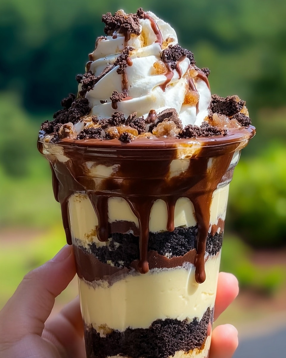 A tall clear cup showing six visible layers: the bottom layer is pale creamy yellow with a smooth texture, topped by a thick dark chocolate sauce layer; above this is another creamy yellow layer, followed by a dense dark brown crumbled layer; next is another creamy yellow layer mixed with some darker bits; a thick dark chocolate sauce layer with drips down the side sits on top; the cup is crowned with a large swirl of white creamy frosting, scattered with more dark crumbles and drizzled with glossy caramel and chocolate sauce. A woman's hand holds the cup against a blurred outdoor green background. Photo taken with an iphone --ar 4:5 --v 7
