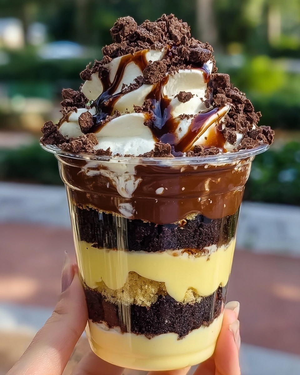 A clear cup filled with seven distinct layers, starting from the bottom with a creamy light yellow custard layer, topped by a rich thick dark chocolate layer, followed by a soft yellow cake layer with dark chocolate crumbs mixed in. Above this is a smooth layer of light cream, another dense layer of dark chocolate cake crumbs, then a swirl of fluffy white cream richly drizzled with both dark chocolate and caramel sauce. The top is crowned with crumbled dark chocolate cake pieces scattered over the cream and sauce. A woman's hand holds the cup against a blurred outdoor background, and the cup is placed on a white marbled surface. photo taken with an iphone --ar 4:5 --v 7