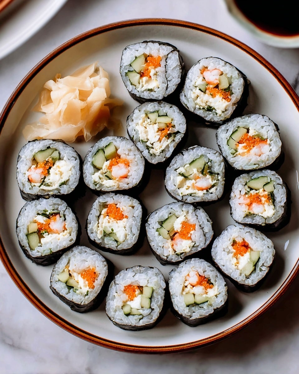 A white dish with a brown rim holds fifteen pieces of sushi rolls arranged in a tight circular pattern. Each roll has an outer black seaweed layer, filled with white rice on the inside. The center shows three main layers: pale orange shrimp, creamy white cheese, and green cucumber slices. Small orange fish roe dots are sprinkled inside each roll for texture and color contrast. A light beige pile of pickled ginger rests in the upper left corner of the dish. The surface beneath the plate is a white marbled texture. Photo taken with an iphone --ar 4:5 --v 7