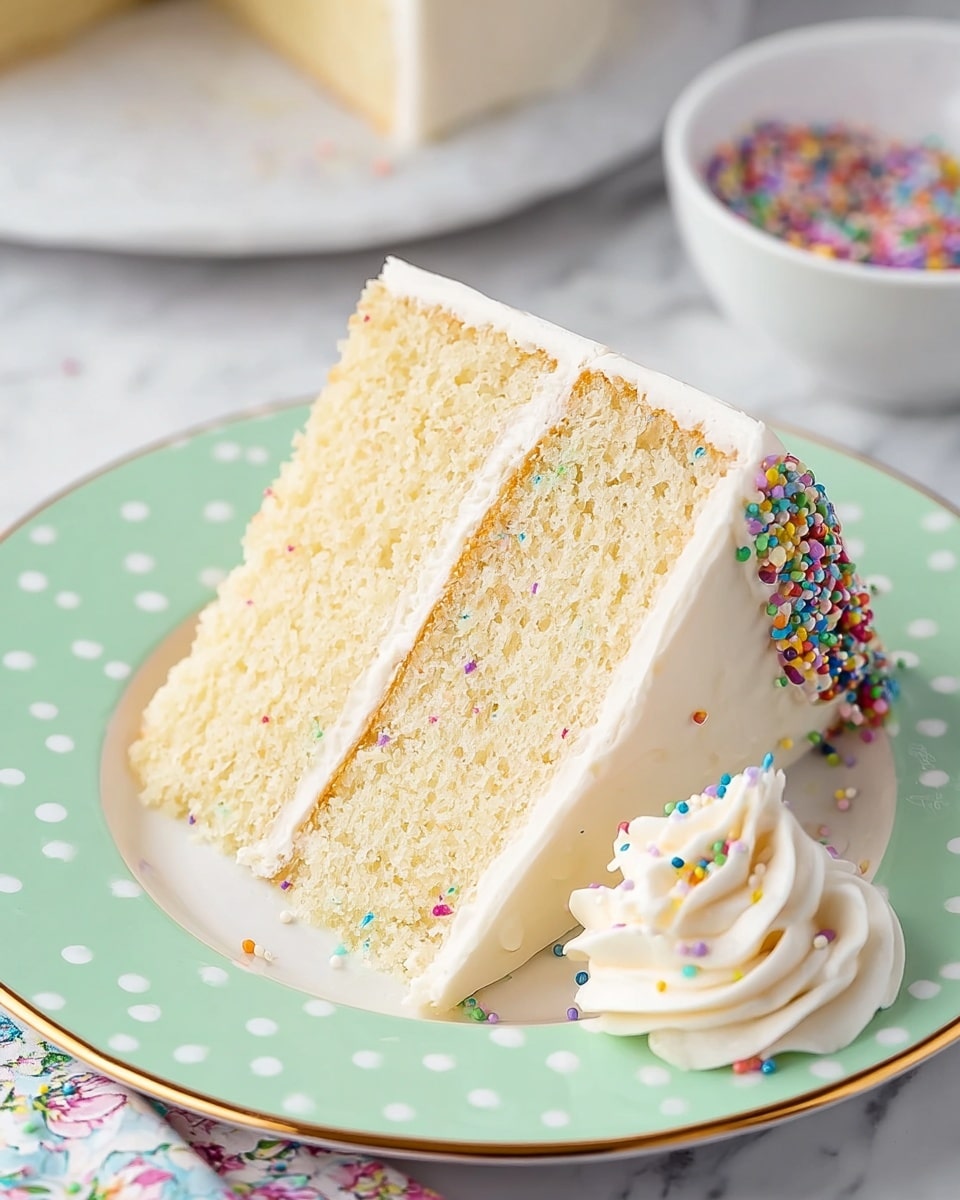 A slice of two-layer vanilla cake sits on a pale green plate with white polka dots and a gold edge. Each cake layer is light yellow with a soft, spongy texture. Between the layers and covering the top and sides is a thick white frosting that looks smooth and creamy. The cake is decorated with small, round, colorful sprinkles scattered on the frosting edges and surface. Next to the cake on the plate is a delicate swirl of white whipped cream with a few sprinkles on it. The plate is placed on a white marbled surface, and in the background, there is a white bowl filled with more colorful sprinkles. photo taken with an iphone --ar 4:5 --v 7