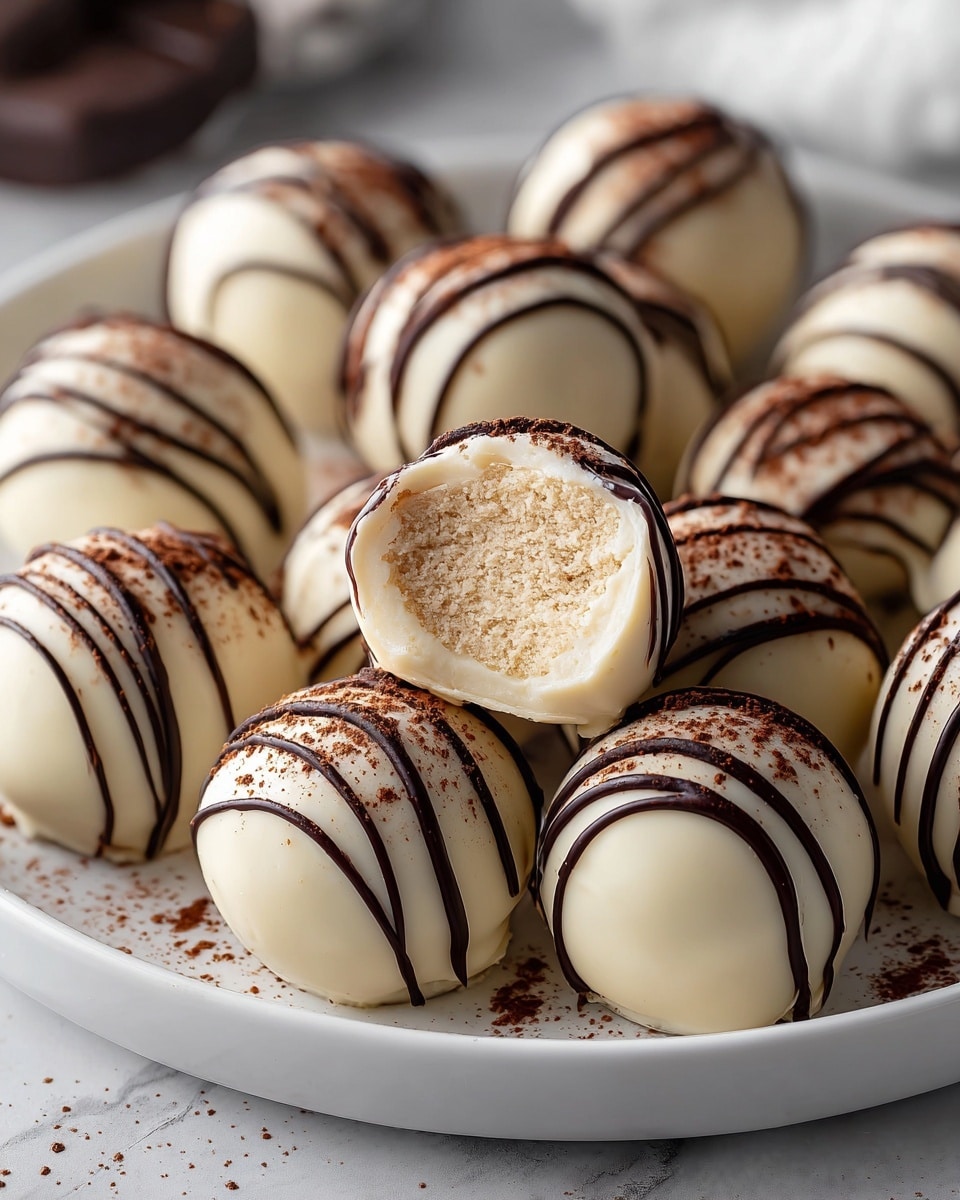 The image shows a white plate full of round white chocolate truffles, each decorated with thin dark chocolate drizzle lines across the surface. One truffle, placed in the middle front, is bitten into, revealing a light, creamy, textured inside dusted with a bit of cocoa powder. The truffles are smooth and shiny with a creamy white color, and the dark chocolate drizzle adds a contrasting dark brown color in thin stripes. The plate sits on a white marbled texture, highlighting the truffles with soft natural light coming from the left side. Photo taken with an iphone --ar 4:5 --v 7