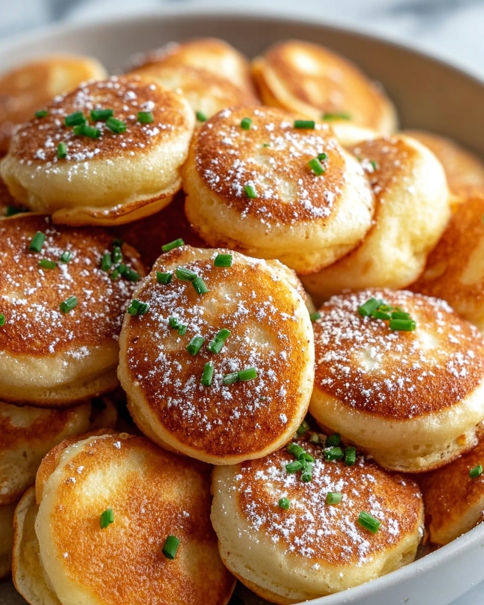 A close-up view of many small, round, golden brown pancakes stacked together in a white bowl. Each pancake has a slightly crisp, browned bottom and a soft, fluffy upper side with a light dusting of powdered sugar. Tiny pieces of green chives are scattered evenly on top, adding a pop of color and freshness. The background is a white marbled texture, giving a clean and bright look. Photo taken with an iphone --ar 4:5 --v 7
