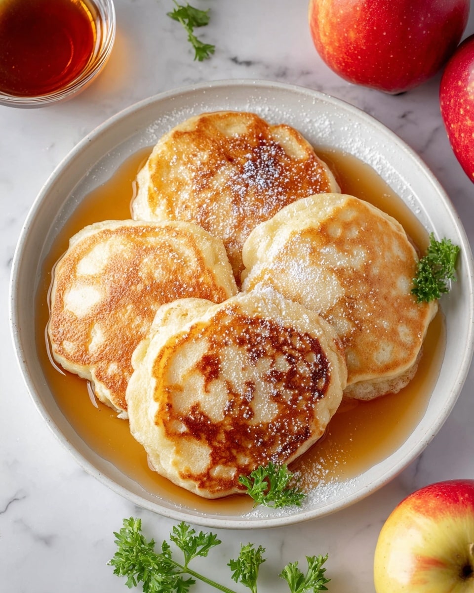 A white shallow plate holds four thick, fluffy pancakes arranged closely in a circular pattern. The pancakes have a golden-brown top with slight darker spots and a soft, light texture showing on the edges. They are generously covered with a shiny layer of maple syrup that pools around the base of the pancakes and dusted lightly with powdered sugar. Nearby, two bright red apples with yellow-green centers rest on a white marbled surface, along with a small glass bowl filled with maple syrup. A small green sprig of parsley is placed at the plate's edge, adding a fresh touch. photo taken with an iphone --ar 4:5 --v 7