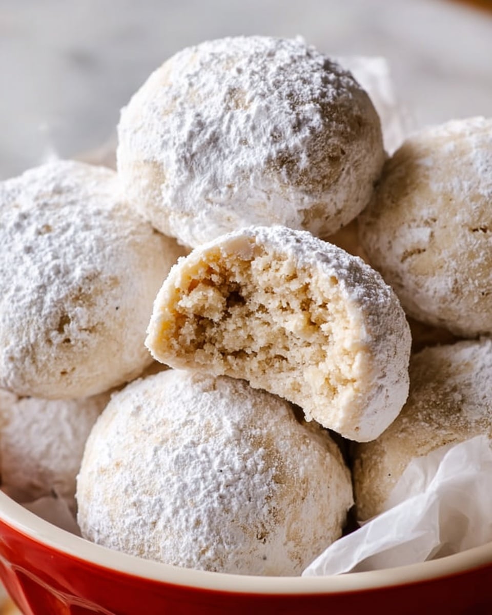 A close-up view of several round, soft cookies covered in a thick layer of white powdered sugar, arranged inside a white bowl lined with white parchment paper, with the top cookie showing a bite taken out of it revealing a dense, crumbly, light beige interior, the texture looks slightly grainy and smooth, all set against a white marbled surface. photo taken with an iphone --ar 4:5 --v 7