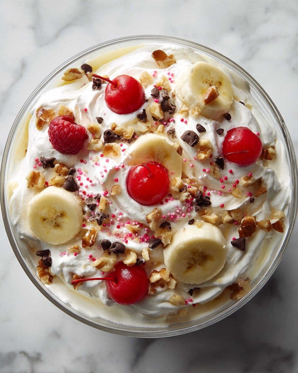 A clear round bowl filled with multiple layers starting with a base of white whipped cream, topped with evenly spread banana slices showing their soft yellow color and brown seeds in the center, bright red cherries and raspberries placed on top along with small dark brown chocolate chips scattered around. There are also crushed light brown walnuts and small pink sprinkles added in between the fruit and cream, giving a textured look. The dessert looks soft and creamy with a mix of smooth and crunchy elements, all sitting on a white marbled texture surface. photo taken with an iphone --ar 4:5 --v 7