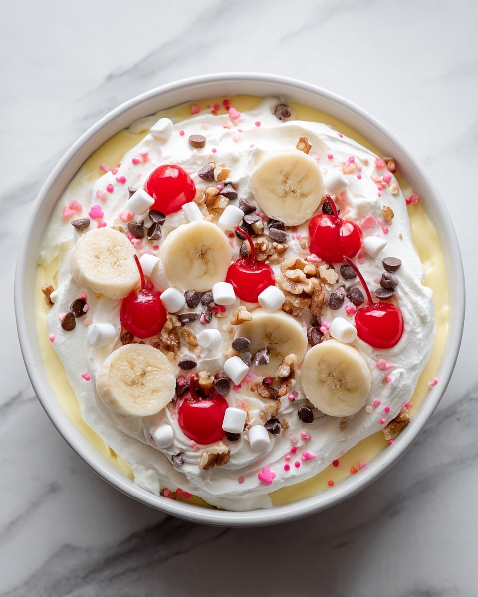 The dish is shown in a white bowl filled with layers starting from a base of light yellow fluffy pudding or cake. On top of this base is a thick layer of white creamy whipped topping. Scattered over the cream are round slices of pale yellow bananas, bright shiny red cherries, small white mini marshmallows, and dark brown chocolate chips. There are also small pink heart-shaped sprinkles and bits of chopped light brown walnuts spread evenly across the top. The whole bowl sits on a white marbled surface. photo taken with an iphone --ar 4:5 --v 7
