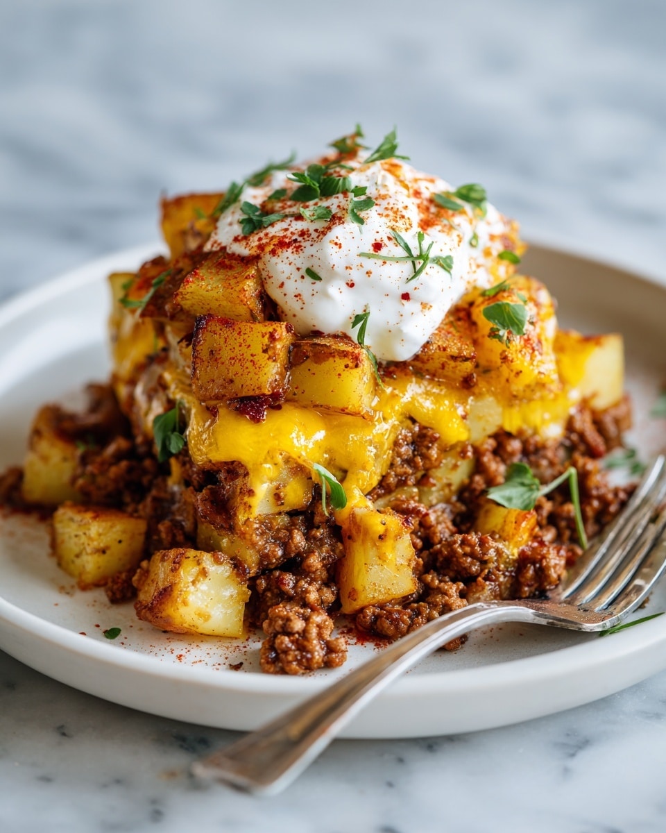 This image shows a close-up of a layered dish served on a white plate. The bottom layer consists of browned, diced potatoes that look crispy. On top of this is a layer of cooked ground beef, which has a crumbly texture. Above the beef is a melted yellow cheddar cheese layer, dripping slightly around the edges. On top of the cheese are chunks of golden, seared potatoes with a slightly charred texture. The whole dish is topped with a dollop of white sour cream sprinkled with a reddish spice, likely paprika, and fresh green herb sprigs scattered over the top. A silver fork rests on the right edge of the plate, and the dish sits on a white marbled surface. photo taken with an iphone --ar 4:5 --v 7