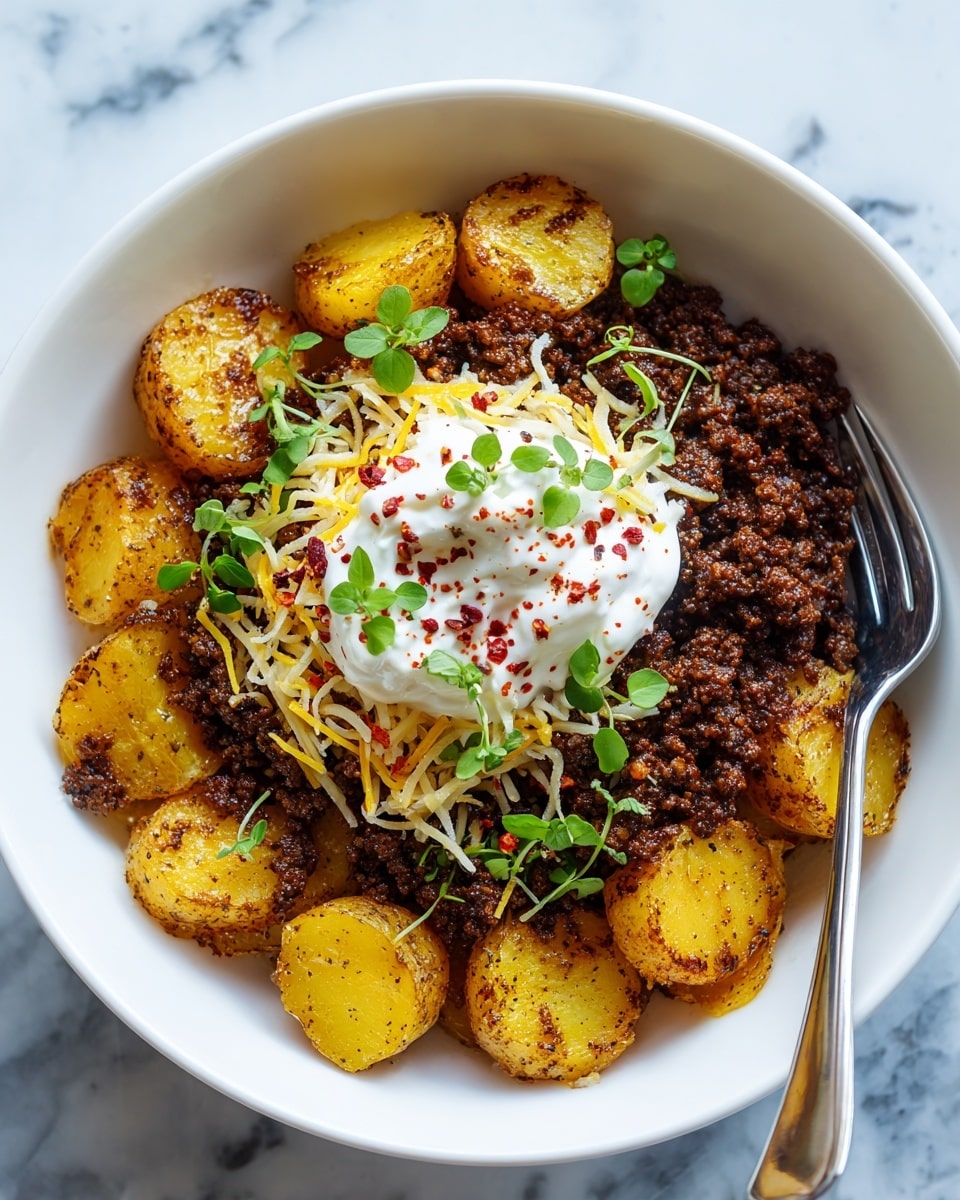 A white bowl filled with a base layer of golden yellow roasted potato halves arranged around the edge, each with a crispy, slightly browned skin. On top of the potatoes is a thick layer of dark brown seasoned ground beef, scattered evenly across the bowl. Over the beef, there is a mix of melted white and yellow shredded cheese, slightly stringy and gooey, covering the surface. In the center of the bowl, there is a generous dollop of white sour cream topped with small green herb leaves and a light dusting of red seasoning. Small green herb sprigs are sprinkled over the entire dish for garnish. A silver fork rests on the right edge of the bowl. The dish sits on a white marbled texture surface. photo taken with an iphone --ar 4:5 --v 7