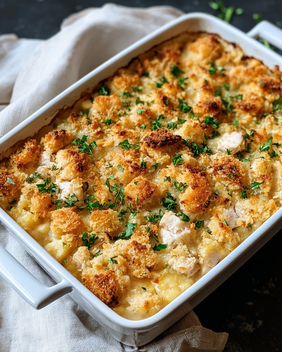 A baked dish in a white ceramic rectangular casserole is filled with three clear layers: the bottom layer is creamy and pale yellow in color, the middle layer is made of white and light brown cooked chicken pieces with a tender texture, and the top layer consists of golden brown, crispy breadcrumbs with scattered fresh green herbs finely chopped across the surface. The casserole sits on a white marbled texture surface with a soft cloth partially visible beside it. The overall look is warm and inviting. photo taken with an iphone --ar 4:5 --v 7
