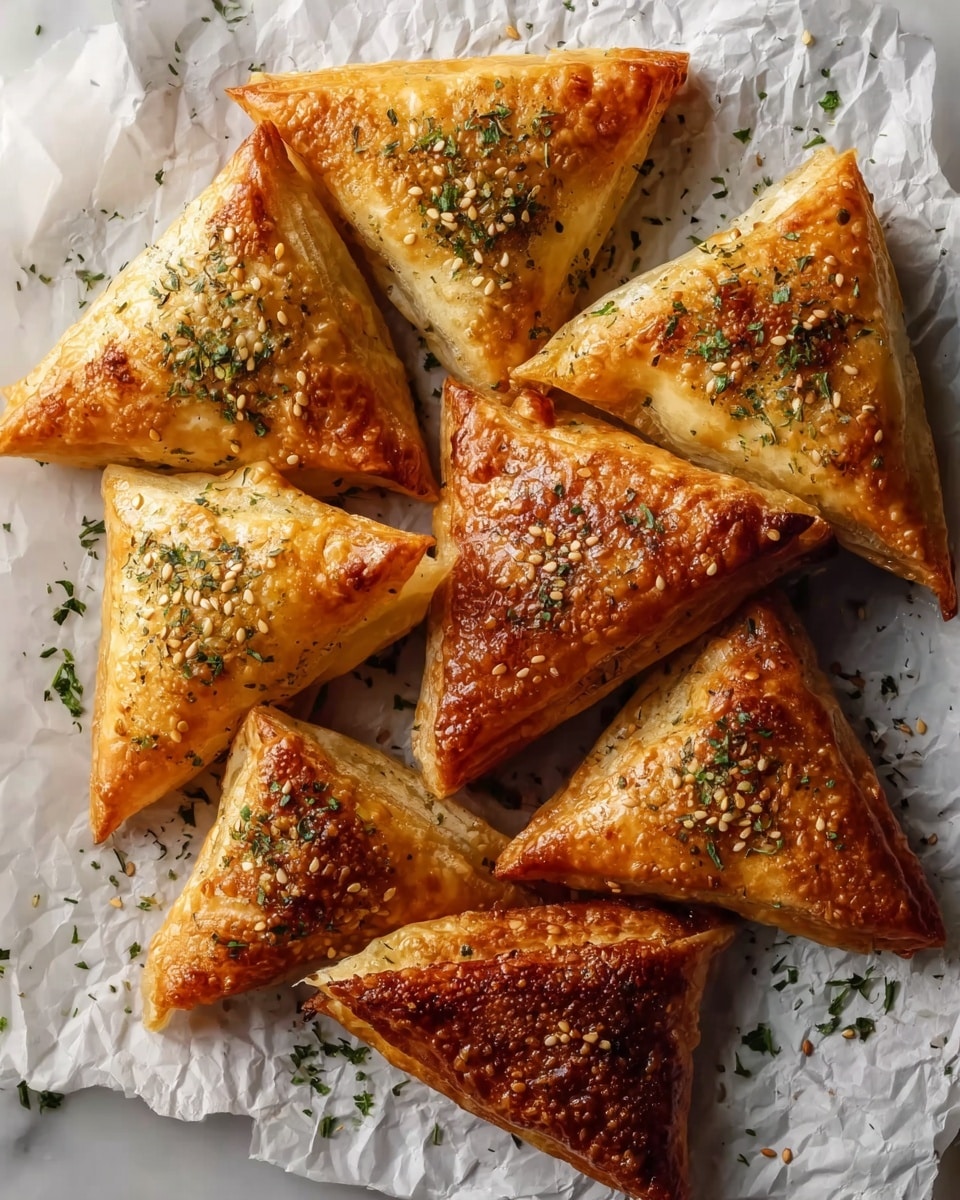 Seven golden brown triangular pastries with a crispy, flaky texture are arranged casually on crumpled white parchment paper. Each triangle is sprinkled with green dried herbs and a few sesame seeds, adding specks of color on the shiny, slightly oily surface. The pastries have small bubbles and browned spots, showing they are well baked. They are placed atop a white marbled surface with some crumbs and scattered herbs around, giving a fresh, homemade look. photo taken with an iphone --ar 4:5 --v 7