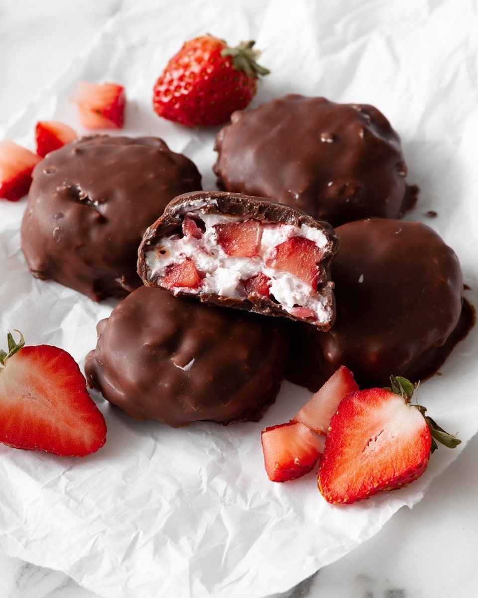 Five round chocolate-covered treats with a shiny, smooth dark brown coating are placed on white crinkled paper on a white marbled surface. One treat is cut in half, showing three layers inside: an outer dark chocolate shell, a soft white creamy middle mixed with pieces of red strawberries, and fresh red strawberry chunks inside the creamy layer. Around the treats, there are small diced red strawberries and two halved strawberries with green tops showing bright red flesh. The overall look is creamy, fresh, and rich. photo taken with an iphone --ar 4:5 --v 7