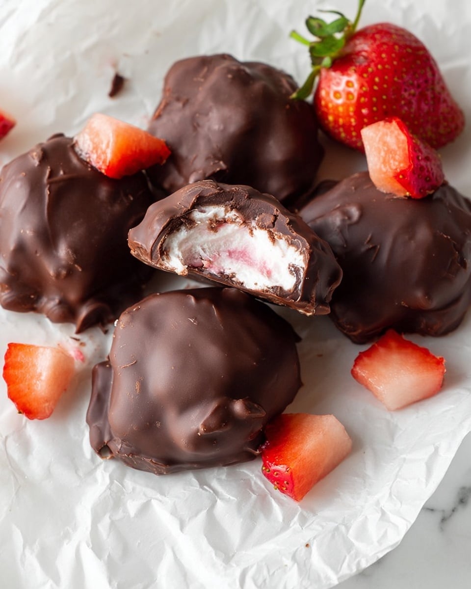 The image shows several round, uneven chocolate-covered treats placed on white crumpled paper on a white marbled surface. Each treat has a thick, smooth layer of dark brown chocolate coating with some slight texture on top. One treat is broken open, revealing a soft, creamy pink and white filling inside. Around the treats, there are fresh strawberry halves and small diced pieces with bright red and pale pink colors and green leafy tops. The whole arrangement looks fresh and inviting. photo taken with an iphone --ar 4:5 --v 7