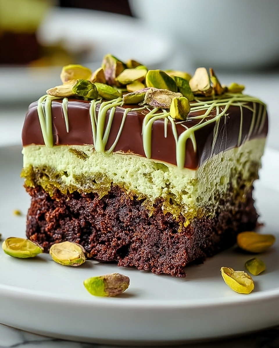 A close-up of a three-layered dessert on a white plate with a white marbled texture background, starting with a dark brown, moist-looking chocolate cake base layer, topped by a middle layer of fluffy, light green pistachio mousse with a bit of texture, and finished with a smooth, glossy dark brown chocolate ganache layer on top. The top layer is decorated with a thin drizzle of green icing in a crisscross pattern and scattered sliced green pistachio nuts. More pistachio slices are scattered around the plate near the dessert’s edges. Photo taken with an iphone --ar 4:5 --v 7