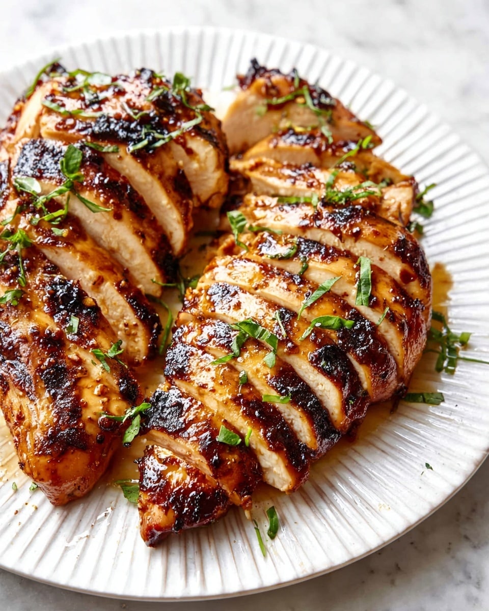 The image shows two pieces of cooked chicken breast sliced into eight thick pieces each, arranged on a white plate with ridged edges. The chicken has a golden brown, slightly charred surface with grill marks and a shiny glaze. Fresh green herbs are scattered over the top and around the chicken, adding a fresh touch. The chicken looks juicy inside with a tender texture. The plate is set on a white marbled textured surface. photo taken with an iphone --ar 4:5 --v 7