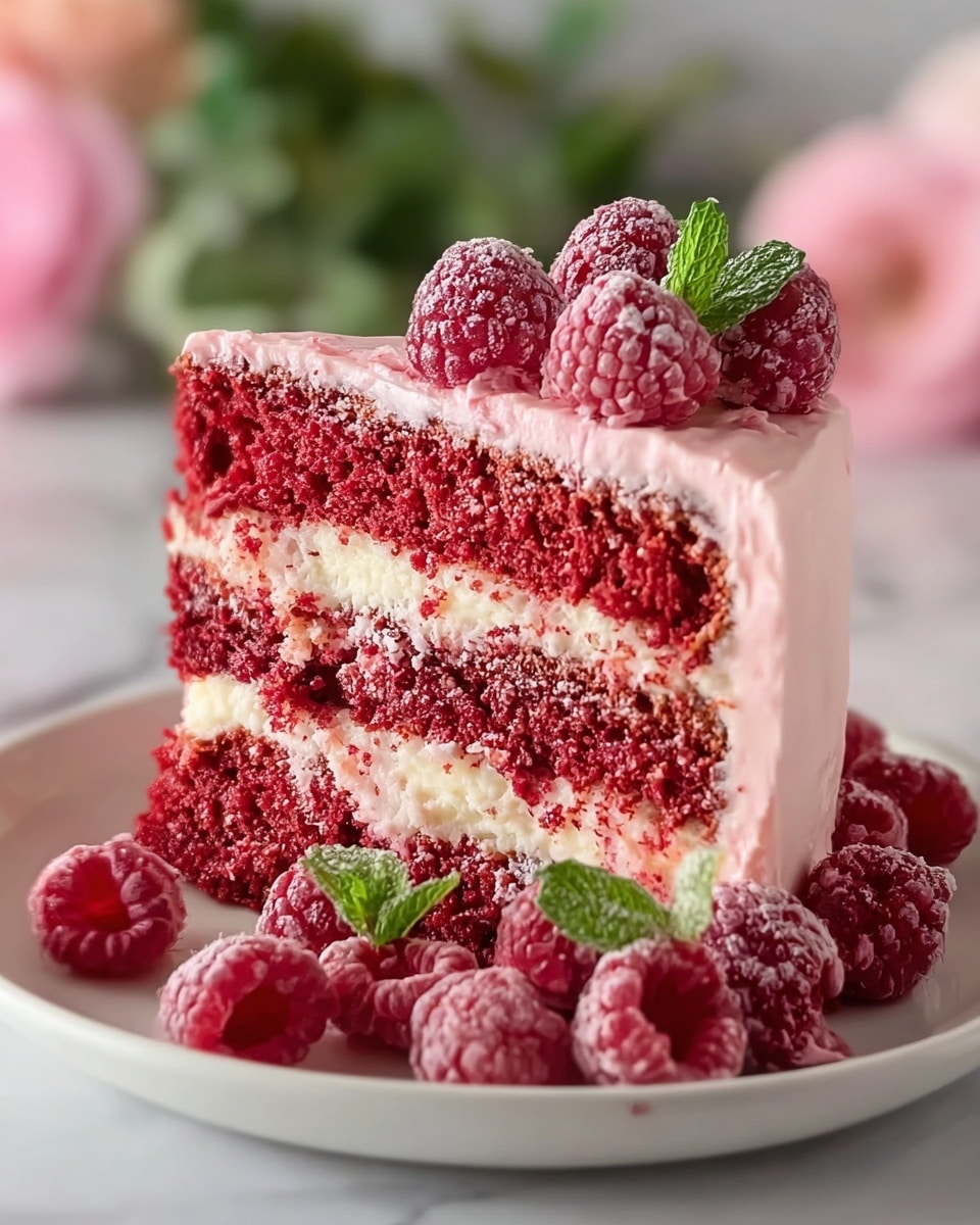 A close-up of a three-layer red velvet cake slice with cream cheese frosting between each layer and covering the outside, the frosting is smooth and pink-tinted. The cake is red with visible specks of darker red inside. On top of the cake are fresh and frosted raspberries, along with a small green mint leaf. Around the base of the cake on the white plate, there are more fresh and frosted raspberries with a mint leaf. The plate sits on a white marbled surface with soft, blurred greenery and pink flowers in the background. Photo taken with an iphone --ar 4:5 --v 7