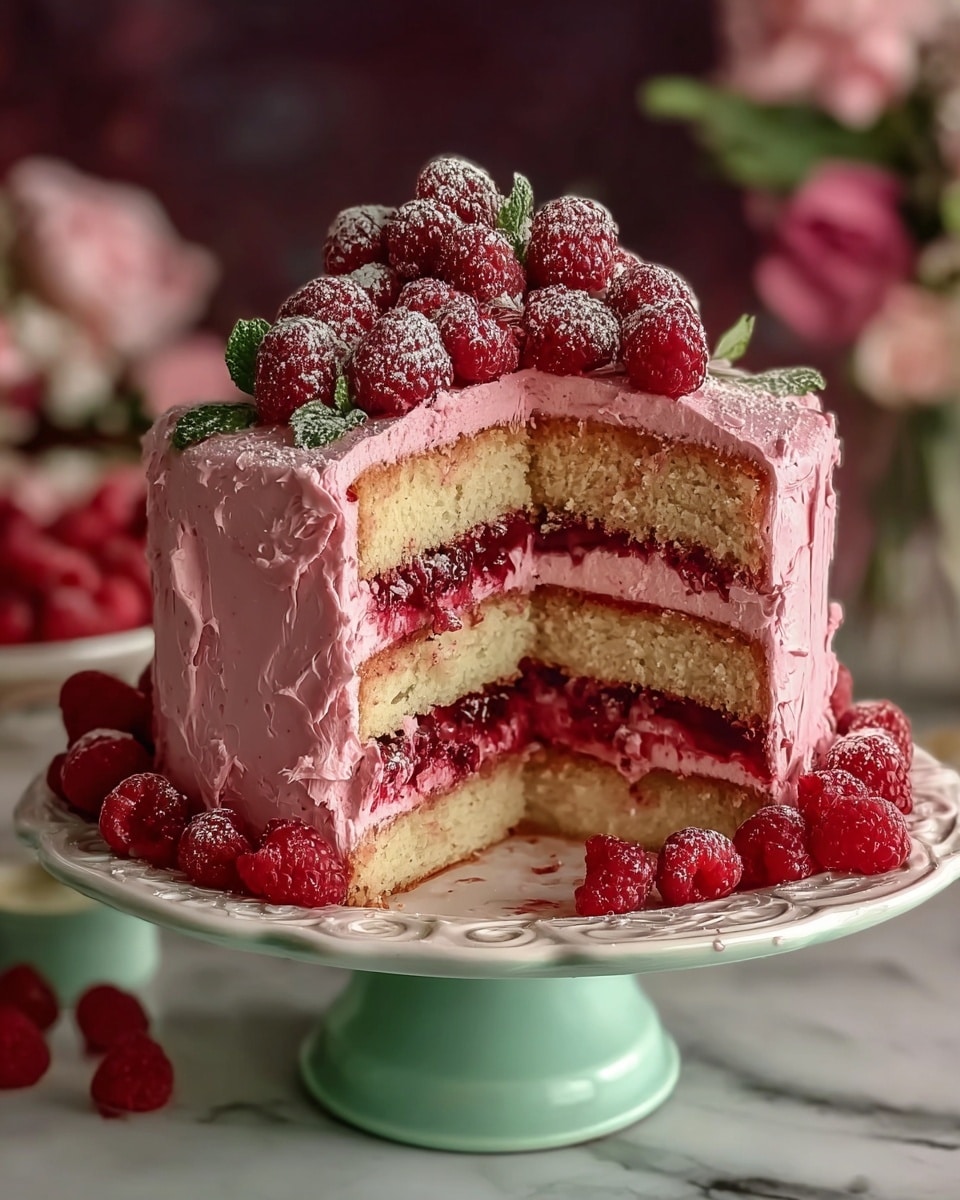 A tall three-layer cake with rough pink frosting covering the outside sits on a white plate with intricate designs, which rests on a pale green cake stand. The cake layers alternate between light yellow sponge and pink sponge, separated by thick red jam and pink cream filling. The top is crowned with a pile of fresh raspberries, some dusted with powdered sugar, and a few small green leaves. More raspberries are scattered around the base of the cake on the plate. The background shows blurred pink flowers and soft dark tones, all against a white marbled texture surface. Photo taken with an iphone --ar 4:5 --v 7