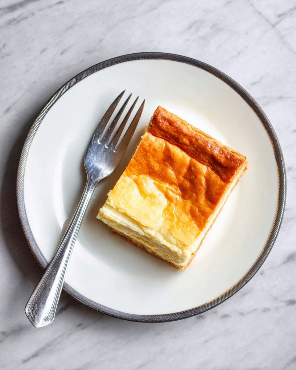 A single rectangular piece of pie with a golden brown, slightly crinkled top crust sits in the center of a white plate with a thin silver rim. The pie shows subtle layers, with a thicker light yellow layer beneath the crust and a thin white layer below. A silver fork rests on the left side of the plate, its prongs pointing towards the pie. The plate is placed on a surface with a white marbled texture. Photo taken with an iphone --ar 4:5 --v 7
