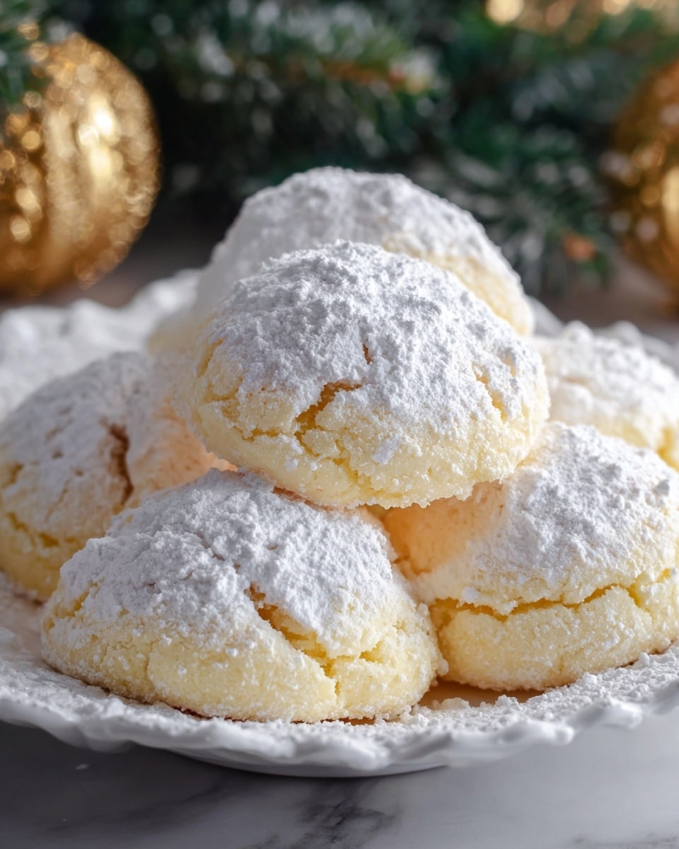 The image shows a close-up of several round cookie-like desserts piled together on a white plate with a scalloped edge. Each cookie is pale yellow with a soft texture and topped with a thick layer of white powdered sugar that looks fluffy and slightly uneven. The cookies have a cracked surface beneath the powdered sugar, revealing a tender inside. The background shows blurred green pine branches and golden decorations, adding a festive feeling. The whole scene sits on a white marbled surface. photo taken with an iphone --ar 4:5 --v 7