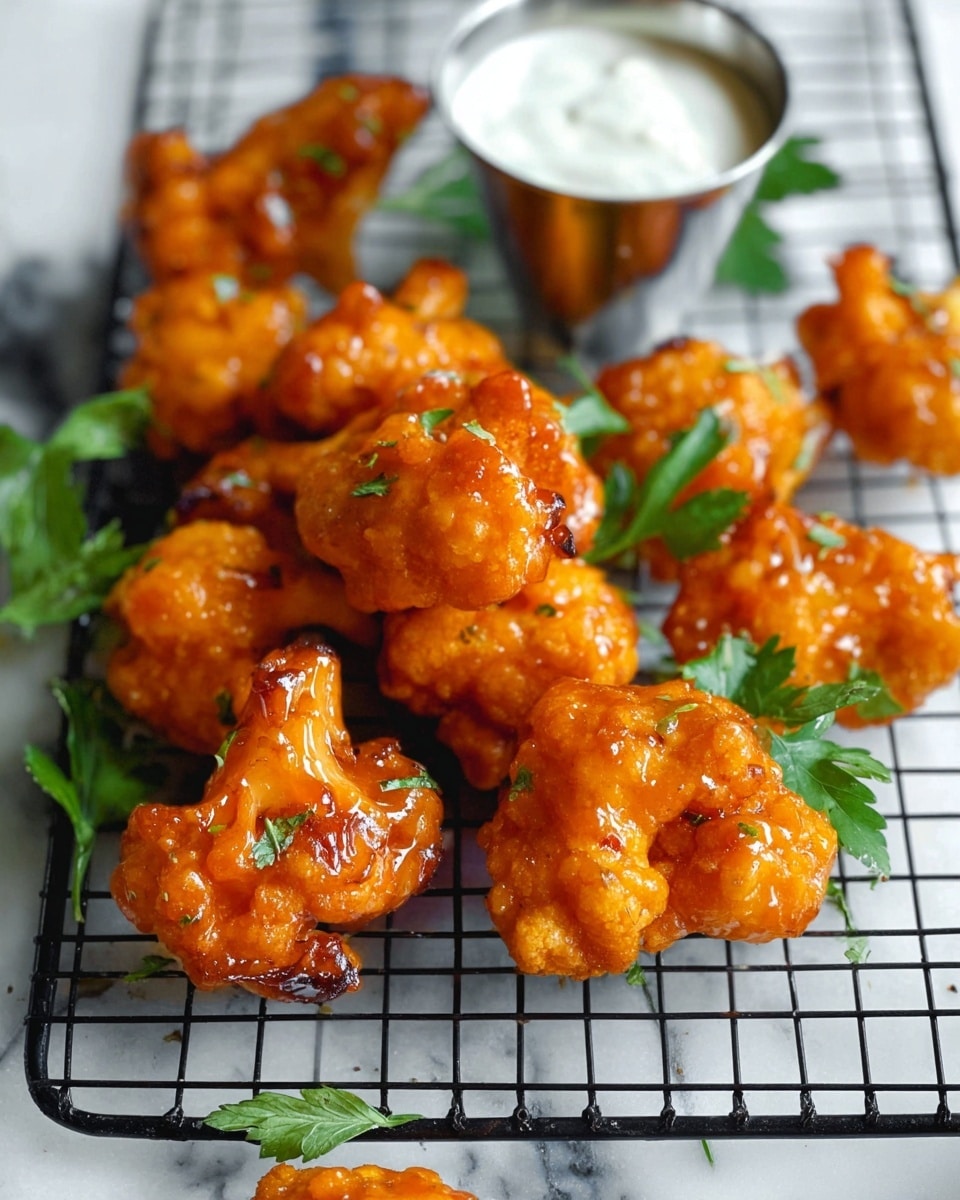 The image shows multiple small, golden-orange cauliflower florets coated in a shiny, thick sauce placed on a black wire rack. Each floret has a glossy texture with a slightly bumpy surface, and they are arranged unevenly across the rack. Bright green parsley leaves are scattered among the florets, adding a pop of color. In the background, a small silver metal cup holds a smooth white dipping sauce. The entire scene is set on a white marbled surface with the wire rack slightly elevated. photo taken with an iphone --ar 4:5 --v 7