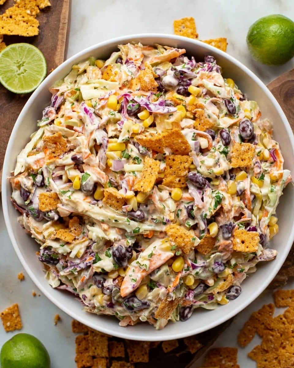 A large white bowl filled with a creamy salad that has many colorful ingredients mixed together. The salad shows a base of light cream-colored shredded cabbage and carrots, with scattered black beans and yellow corn kernels adding spots of dark and bright colors. Small pieces of green herbs and chopped red onions are visible, while crunchy-looking orange snack pieces are layered on the top in a few places, adding texture and contrast. The creamy dressing lightly coats all the ingredients, giving a slightly shiny look. The bowl is placed on a white marbled surface with some lime halves and more orange snack pieces around it. photo taken with an iphone --ar 4:5 --v 7