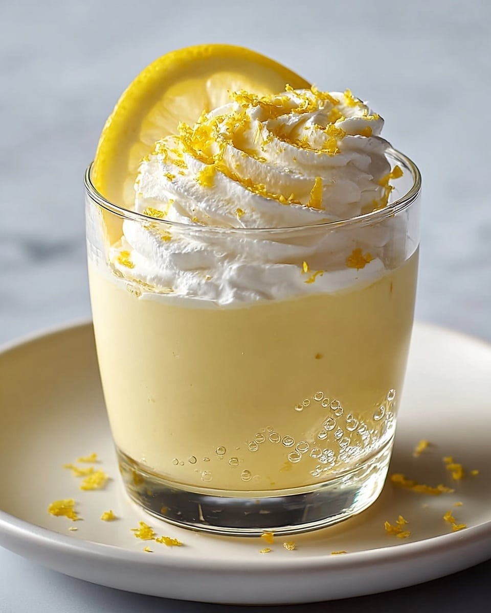 A clear glass holds a two-layer dessert placed on a white plate sitting on a white marbled surface. The bottom layer is a smooth, pale yellow pudding filling about three-quarters of the glass. On top is a thick layer of white whipped cream, swirled neatly and decorated with fine yellow lemon zest sprinkled over it. A fresh, bright yellow lemon slice sits upright, slightly tilted into the whipped cream at the center. Tiny bubbles cling to the inside of the glass, adding texture to the smooth pudding. Photo taken with an iphone --ar 4:5 --v 7