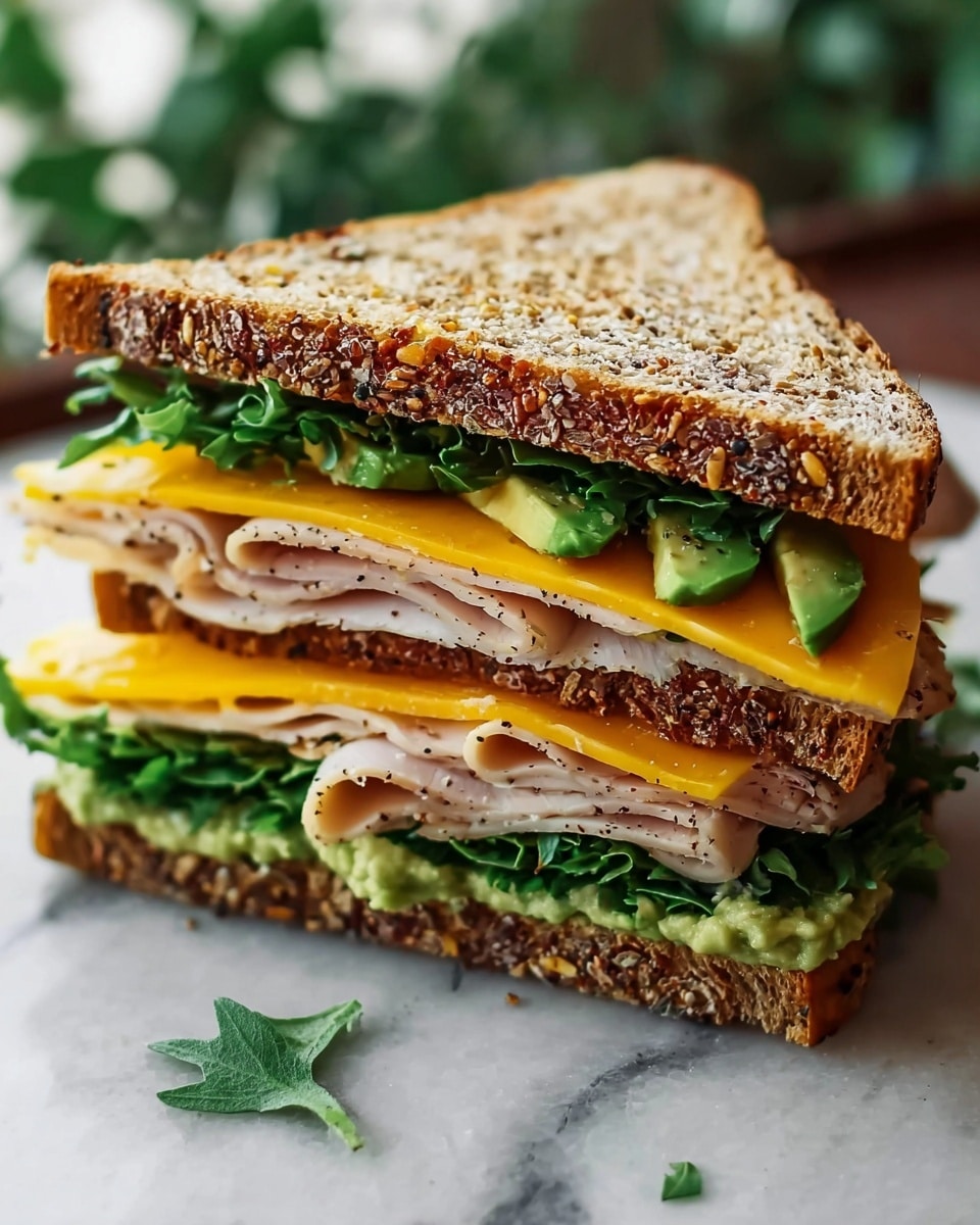 The image shows a sandwich with three layers of thick, seeded whole grain bread in a triangular shape. The bottom bread layer sits on a spread of creamy, light green avocado mash, topped with fresh dark green leafy lettuce. Above the lettuce, there are two layers of thinly sliced, light beige turkey meat with visible pepper seasoning. On top of the turkey, there is a layer of melted bright yellow cheddar cheese with a slightly glossy texture and a couple of slices of dark green avocado peeking out. The sandwich is placed on a white marbled surface with some green leaves lightly scattered around. Photo taken with an iphone --ar 4:5 --v 7