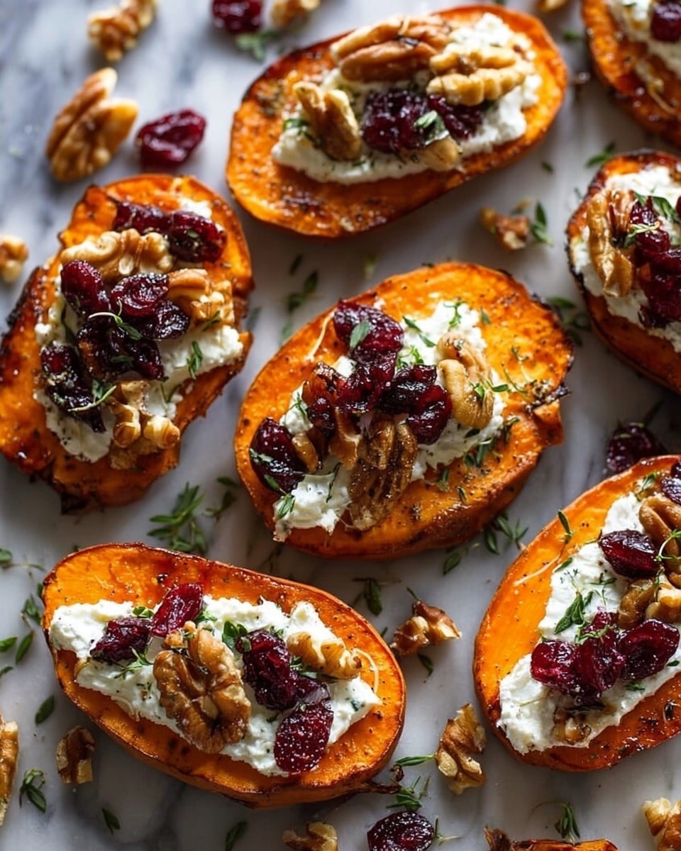 This image shows several slices of roasted sweet potato arranged on a white marbled surface. Each sweet potato slice is a bright orange with slightly caramelized edges, topped with a white, creamy cheese layer. On top of the cheese, there are pieces of deep red dried cranberries and light brown walnut halves. Small green herb leaves are sprinkled over each piece, adding a fresh touch. Extra walnut pieces and cranberries are scattered around the slices on the white marbled background. photo taken with an iphone --ar 4:5 --v 7
