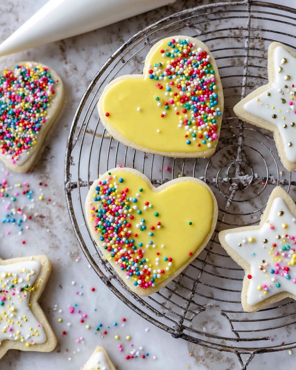 The image shows sugar cookies on a round, metal cooling rack placed on a white marbled textured surface. There are two heart-shaped cookies in the center, each covered with smooth, glossy yellow icing and topped with colorful round sprinkles in red, green, blue, white, and pink, mostly concentrated on one side. Around the hearts are star-shaped cookies with smooth white icing and a similar pattern of vibrant sprinkles. At the top left corner, a white piping bag is partially visible, and a woman's hand appears to be holding or guiding it just outside the frame. Some loose sprinkles are scattered on the surface and rack. photo taken with an iphone --ar 4:5 --v 7