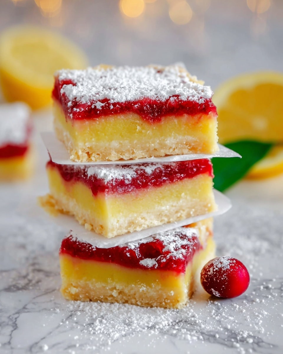 A stack of three square lemon bars are shown, each with three visible layers: a light golden crumbly crust on the bottom, a bright red jam-like middle layer, and a smooth yellow lemon custard top layer. Between each bar is a thin sheet of white powdered sugar paper. The top bar is dusted with powdered sugar, and the white plate beneath is also sprinkled with powdered sugar. A single red berry sits near the base of the stack, with a slice of lemon and green leaf blurred in the background, all set on a white marbled texture. photo taken with an iphone --ar 4:5 --v 7