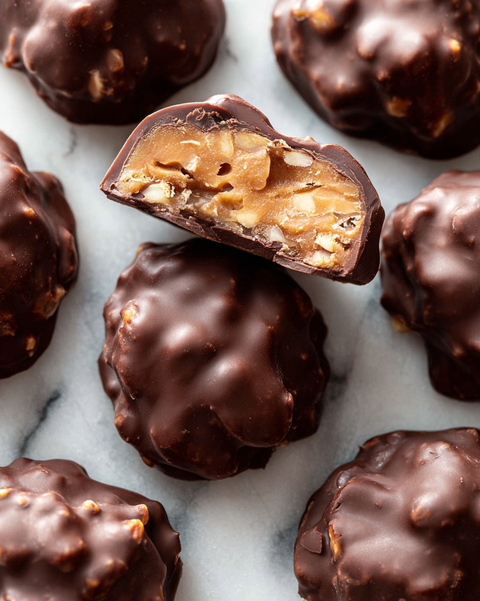 The image shows several chocolate-covered nut clusters placed on a white marbled surface. Each cluster has a rough, bumpy texture from the nuts inside, and is coated in smooth, glossy dark brown chocolate. One cluster is cut in half and held above the others, revealing two layers: a light brown, nut-filled center with visible small nut pieces, and the outer thick layer of dark chocolate wrapping the cluster fully. The contrast between the rich dark chocolate and the lighter nutty center is clear. photo taken with an iphone --ar 4:5 --v 7