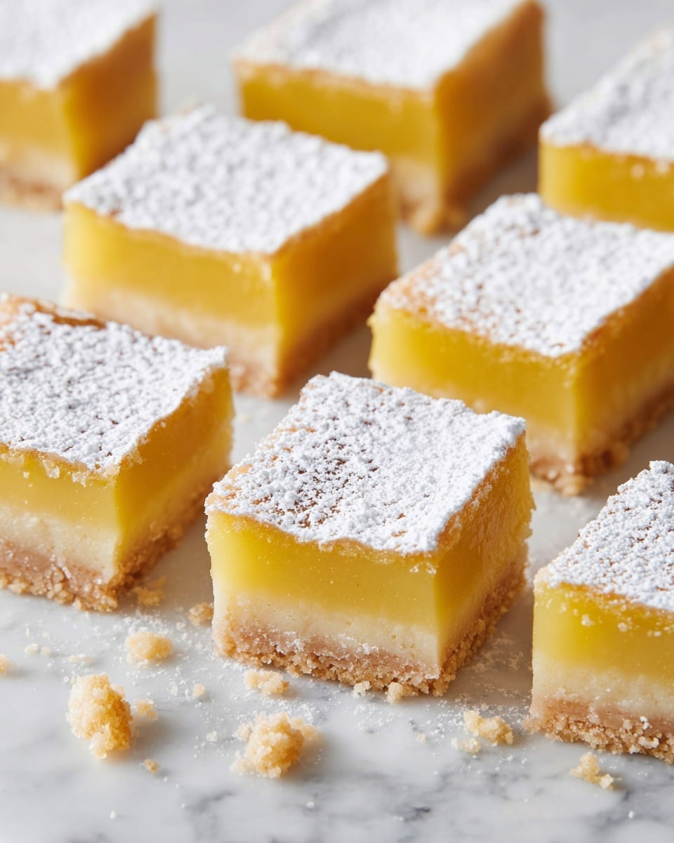 The image shows several square lemon bars arranged closely on a white marbled surface with a light sheet underneath. Each bar has two layers: a golden-yellow smooth lemon filling on top and a thick, crumbly beige crust at the bottom. The upper surface of each bar is dusted evenly with white powdered sugar, creating a soft, textured finish. Crumbs are scattered lightly around the bars, adding to the homemade feel of the dessert. photo taken with an iphone --ar 4:5 --v 7