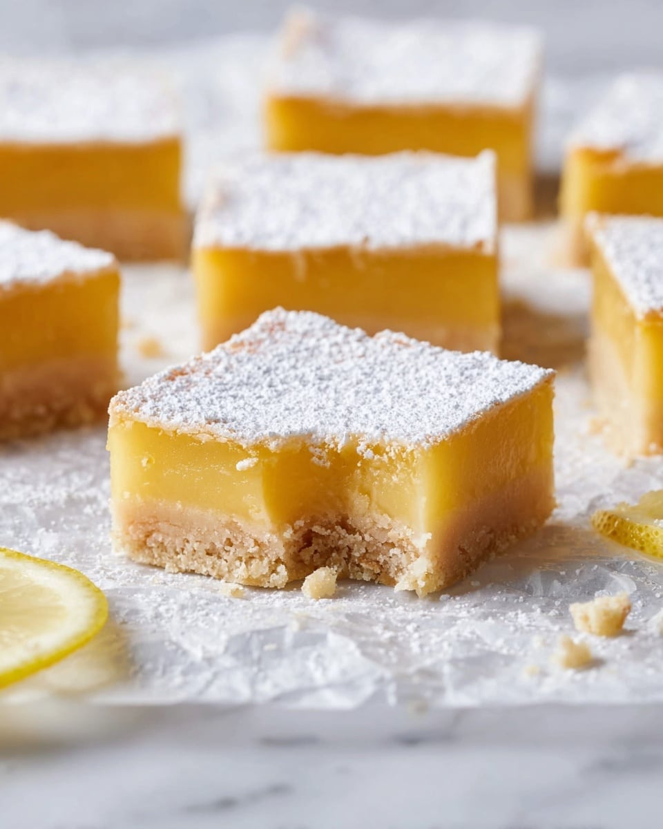 This image shows several square lemon bars arranged on crinkled white parchment paper over a white marbled surface. Each lemon bar has two layers: a thick pale yellow, smooth lemon filling on top and a dense, crumbly light beige crust underneath. The very top of the lemon filling is dusted with a thick, even layer of white powdered sugar. A few small crumbs are scattered around on the parchment near the bars, and one bar in the center has a small bite taken out of it, revealing the soft inside texture. photo taken with an iphone --ar 4:5 --v 7