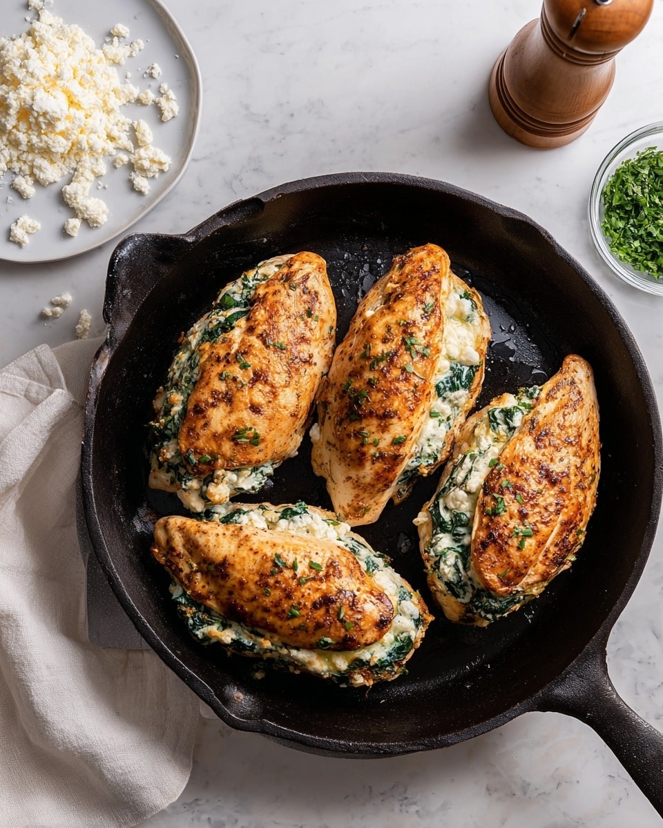Four cooked, golden-brown stuffed chicken breasts sit in a black cast iron pan. Each chicken breast is sliced open in the middle, filled with a mixture of white cheese and green spinach. The cheese looks soft and crumbly, while the spinach adds bright green color, contrasting with the brown crust on the chicken’s surface. Around the pan, there is a white plate with white crumbled cheese on the top left, a wooden pepper grinder on the top right, and a small glass bowl of chopped green herbs on the bottom right, all placed on a white marbled surface. A white linen cloth is partially visible near the pan on the left side. photo taken with an iphone --ar 4:5 --v 7