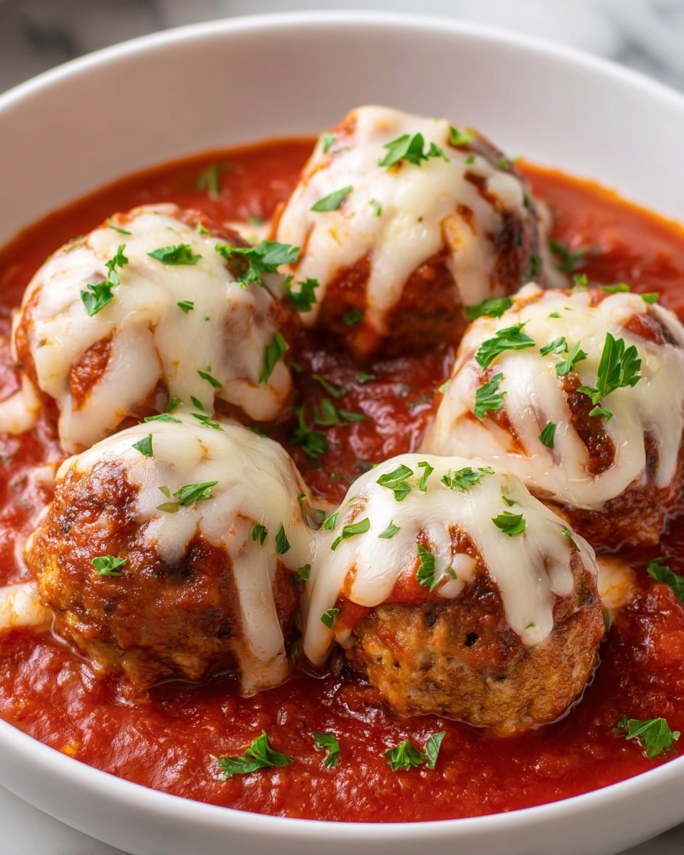 The image shows a white bowl filled with five golden brown meatballs sitting in a thick, bright red tomato sauce. Each meatball is topped with a layer of melted white cheese that is slightly stringy, and there are small green parsley leaves scattered on the cheese and sauce. The tomato sauce has a chunky texture with visible small pieces of tomato. The bowl rests on a white marbled surface. photo taken with an iphone --ar 4:5 --v 7