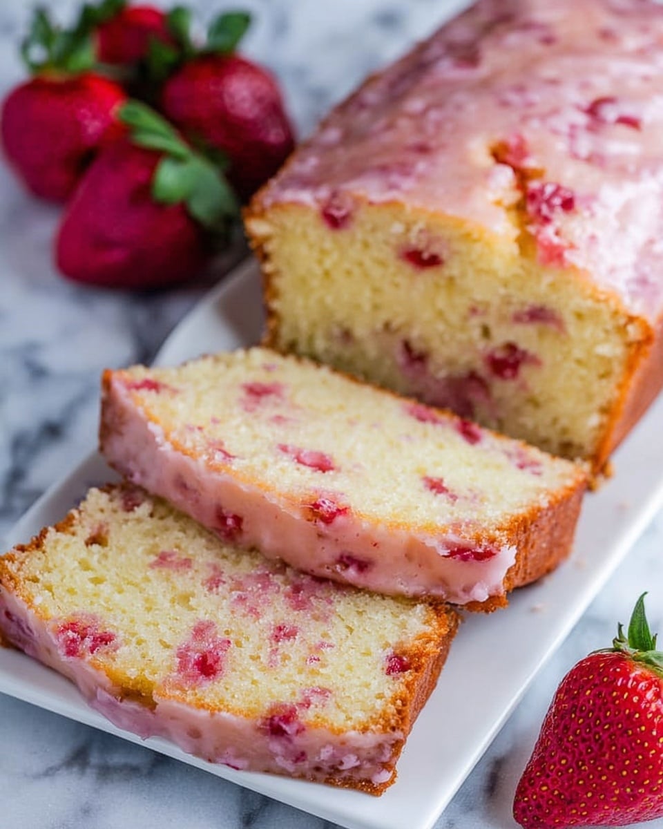 A loaf cake sliced into three pieces is placed in front, showing a pale yellow soft crumb dotted with small red strawberry pieces inside. The top of the cake has a thin, glossy pink glaze with bits of strawberry spread unevenly across the surface. Behind the sliced pieces, the rest of the loaf sits on a white rectangular plate with a few whole bright red strawberries with green leaves beside it. The scene is set on a white marbled texture. photo taken with an iphone --ar 4:5 --v 7