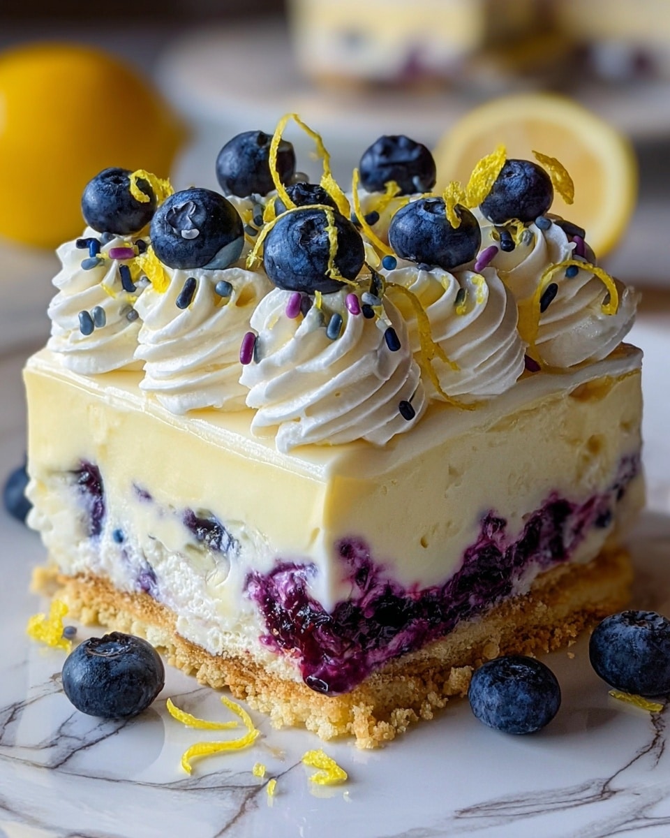 A square slice of blueberry lemon dessert sits on a white plate with a white marbled texture underneath. The bottom layer is a crumbly golden crust. Above that, a thick creamy layer mixed with whole blueberries and blueberry juice swirls that create purple streaks. On top of this is a smooth pale yellow cream layer. The topmost layer is decorated with large swirls of white cream, fresh blueberries placed neatly on each swirl, thin yellow lemon zest strips laying in between, and small dark blue and white sprinkles scattered around. A few loose blueberries and lemon zest strips are arranged on the plate around the slice. Photo taken with an iphone --ar 4:5 --v 7