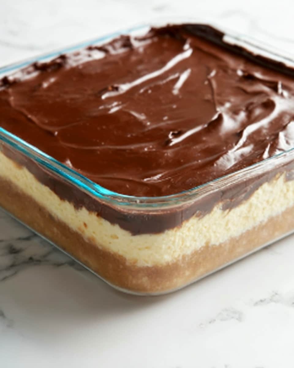 A clear glass rectangular dish contains two distinct layers of dessert. The bottom layer is thick, creamy, and pale yellow, with a smooth texture filling most of the dish. The top layer is a rich, glossy dark brown chocolate spread unevenly, showing some swirls and slight ridges across the surface. The dish is placed on a white marbled texture surface, with soft natural light highlighting the shiny chocolate on top. photo taken with an iphone --ar 4:5 --v 7