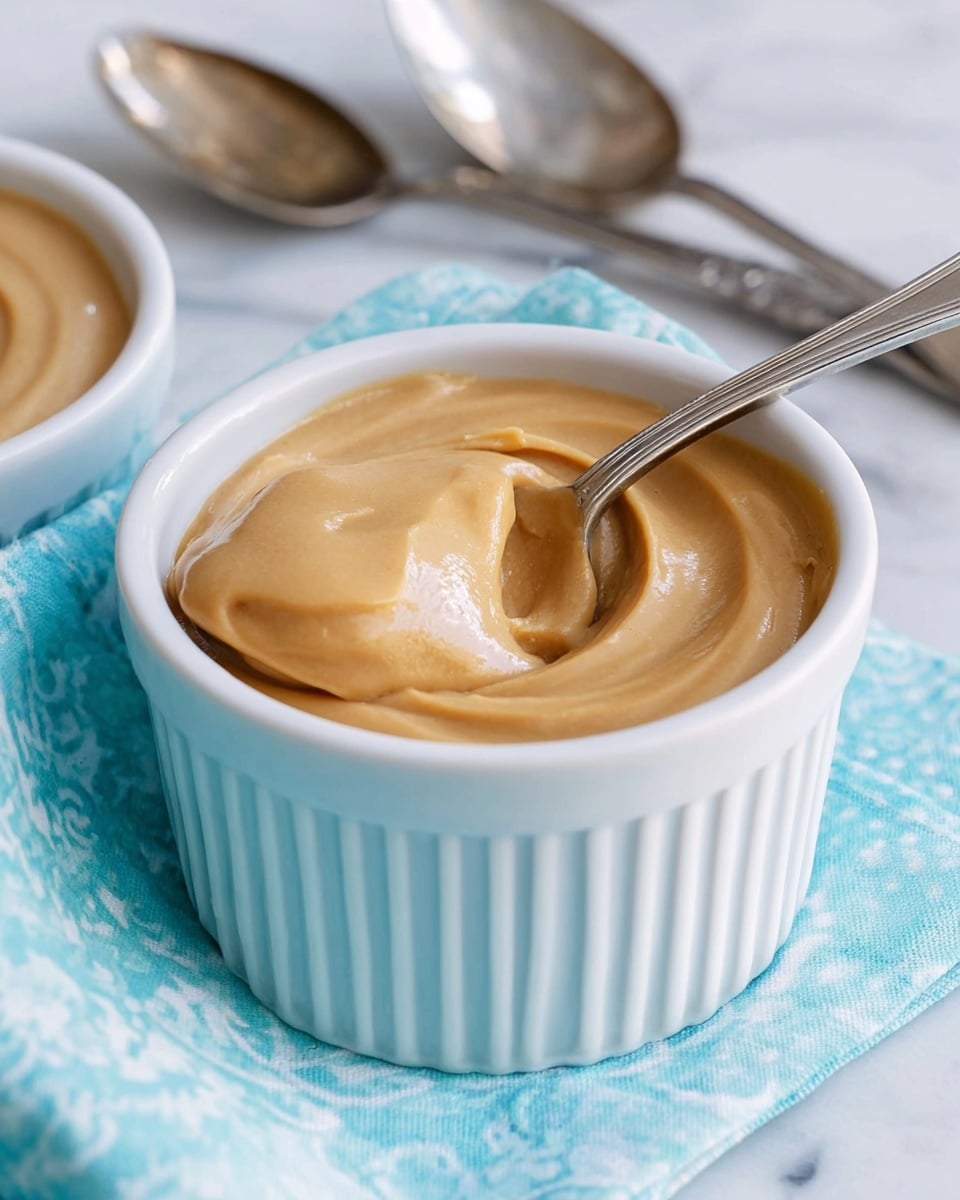 A white ramekin filled with a smooth, creamy light caramel-colored pudding with a silver spoon partially dipped in it, showing swirled texture where the spoon has lifted some pudding. The ramekin has a ribbed texture and is placed on a white marbled surface with a light blue patterned cloth nearby and two old, slightly tarnished silver spoons resting next to it. Photo taken with an iphone --ar 4:5 --v 7