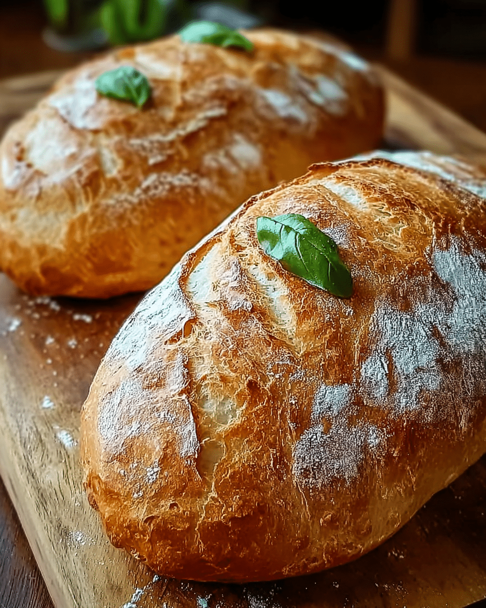 Two golden brown loaves of bread rest on a wooden board, each loaf showing a crusty texture with cracks and flour dusting on top. The closer loaf has a small green leaf placed on its top as decoration. The background is softly blurred, focusing attention on the warm tones and crispy crusts of the fresh bread. Photo taken with an iphone --ar 4:5 --v 7